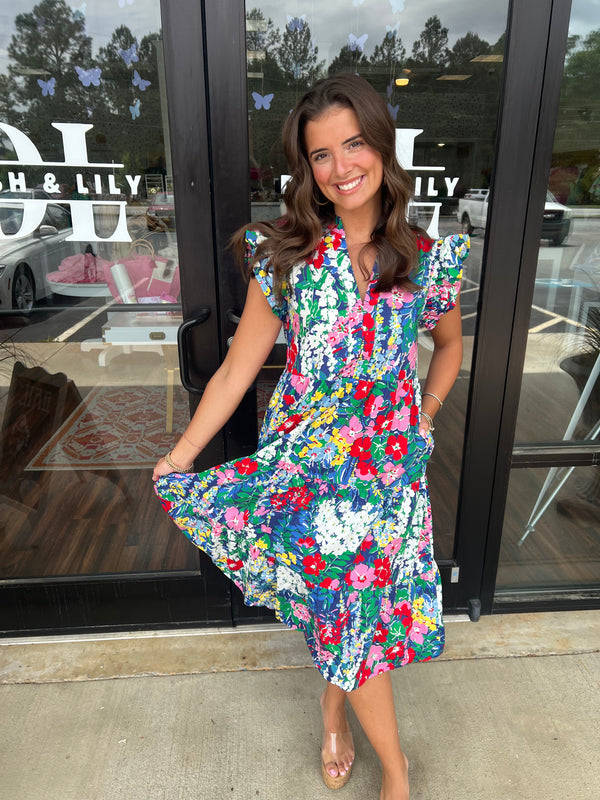 Navy Floral Mix Midi Dress