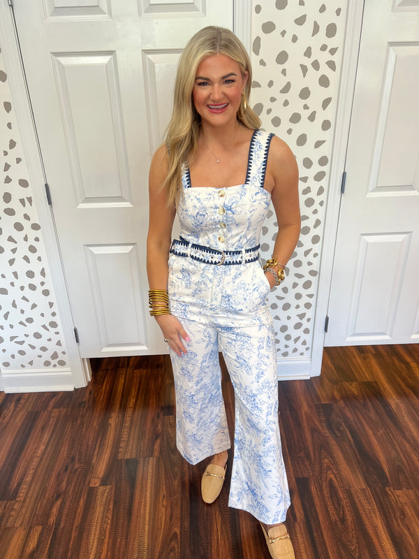 Ivory & Blue Belted Jumpsuit