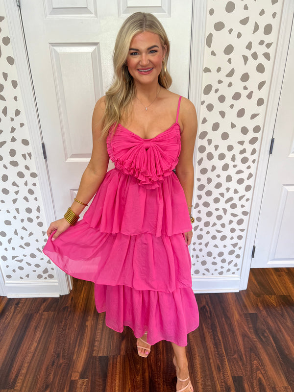 Melody Bow Midi Dress- Fuchsia