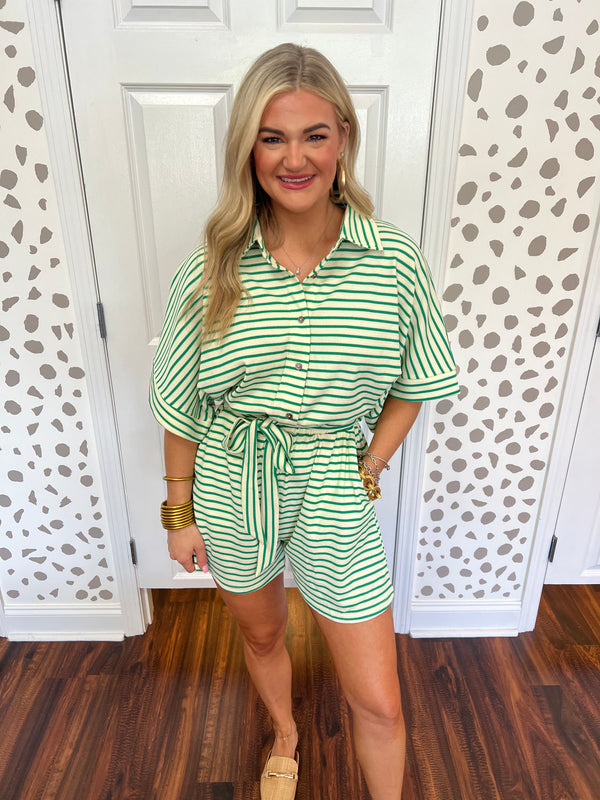 Green & Cream Striped Romper