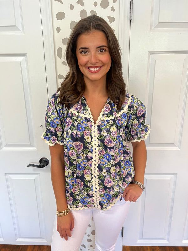 Navy Combo Ric Rac Top