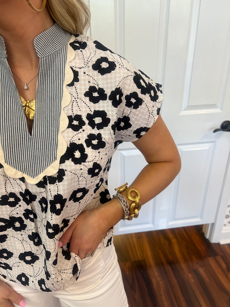 Black/Cream Floral Print Top