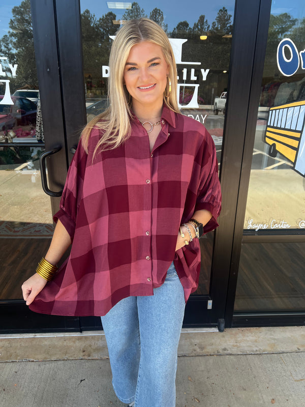 Burgundy Check Oversized Top