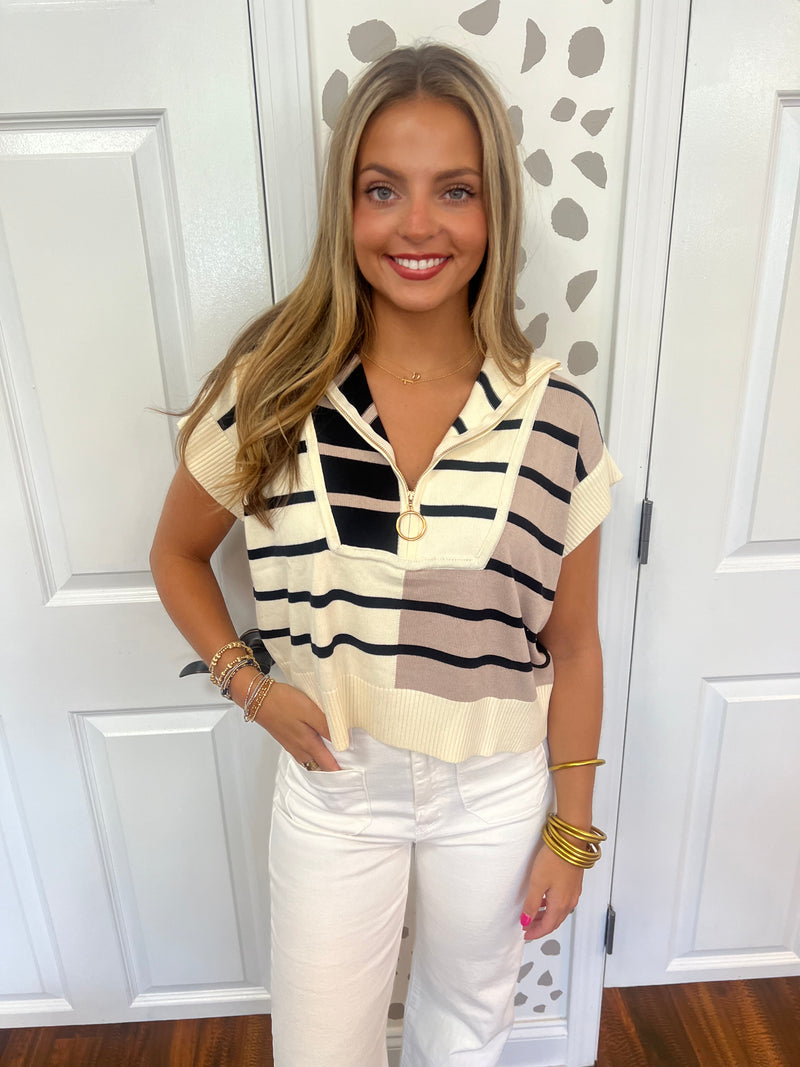 Half Zip Striped Top- CREAM/BLACK