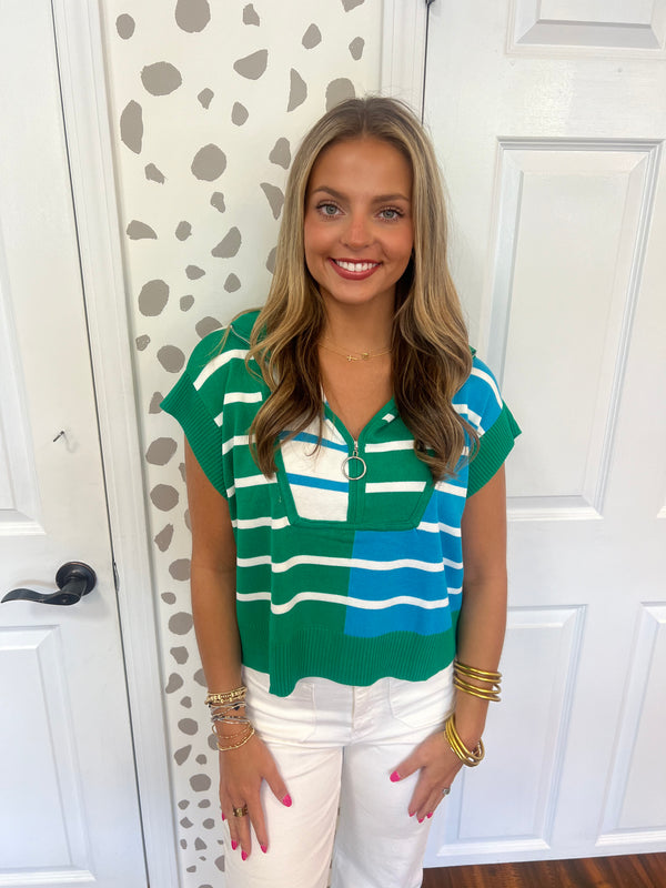 Half Zip Striped Top- GREEN/BLUE
