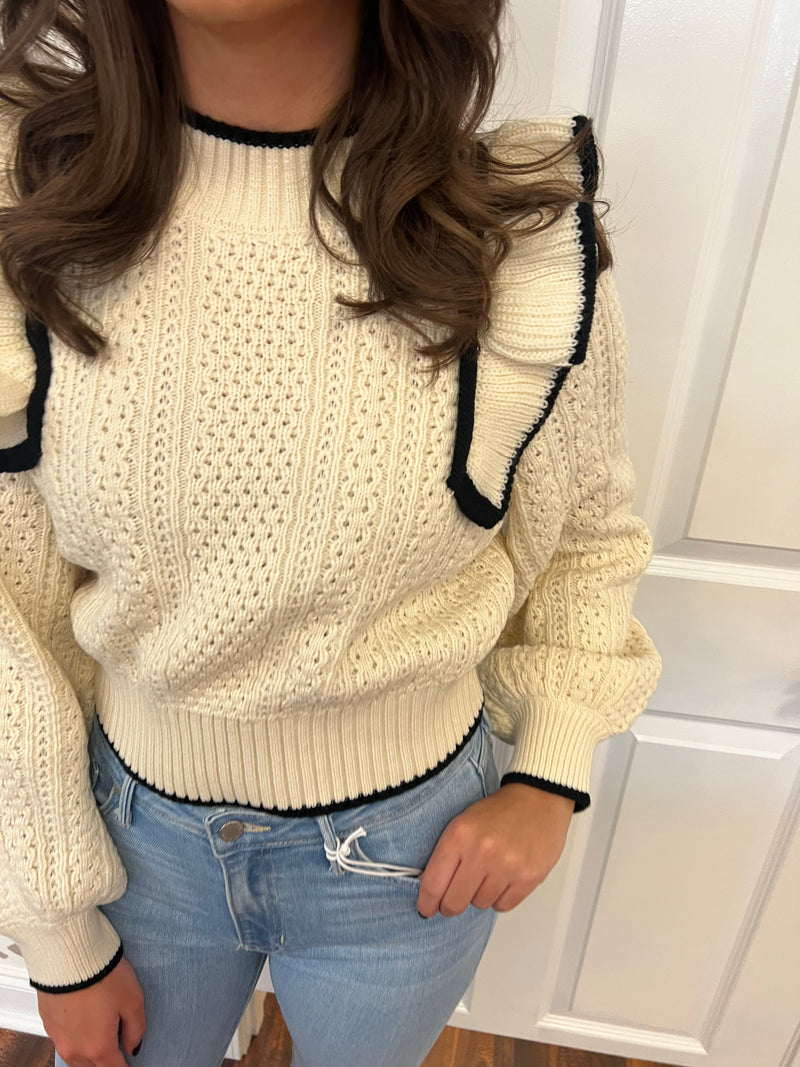 Cream/Black Ruffle Shoulder Sweater