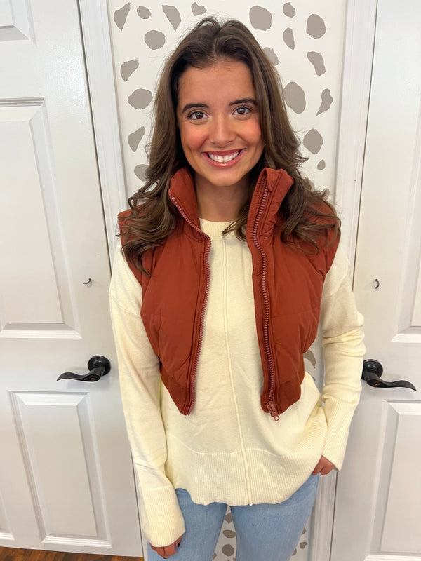 Cropped Puffer Vest- Camel