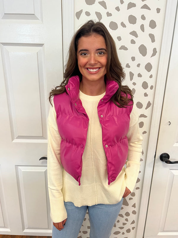 Barbie Pink Leather Crop Puffer