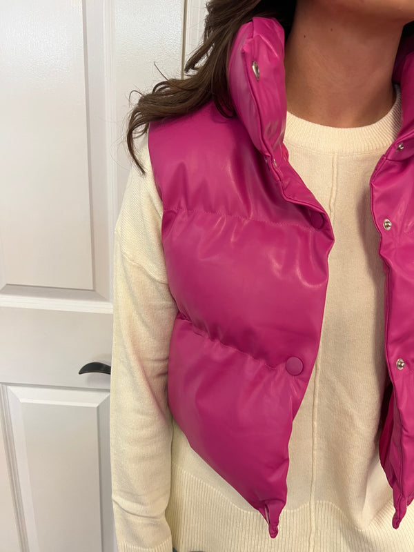 Barbie Pink Leather Crop Puffer