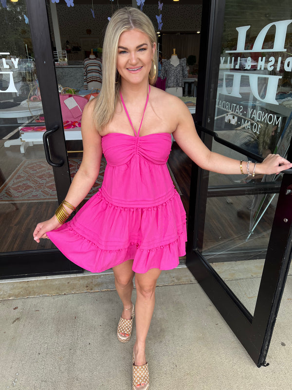 Halter Neck Shirred Trim Dress