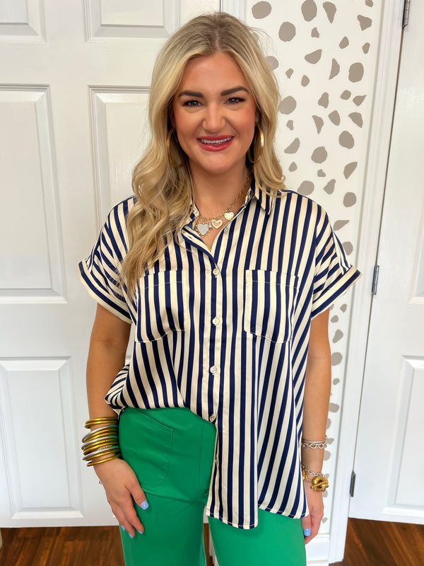 Silk Stripe Top-NAVY