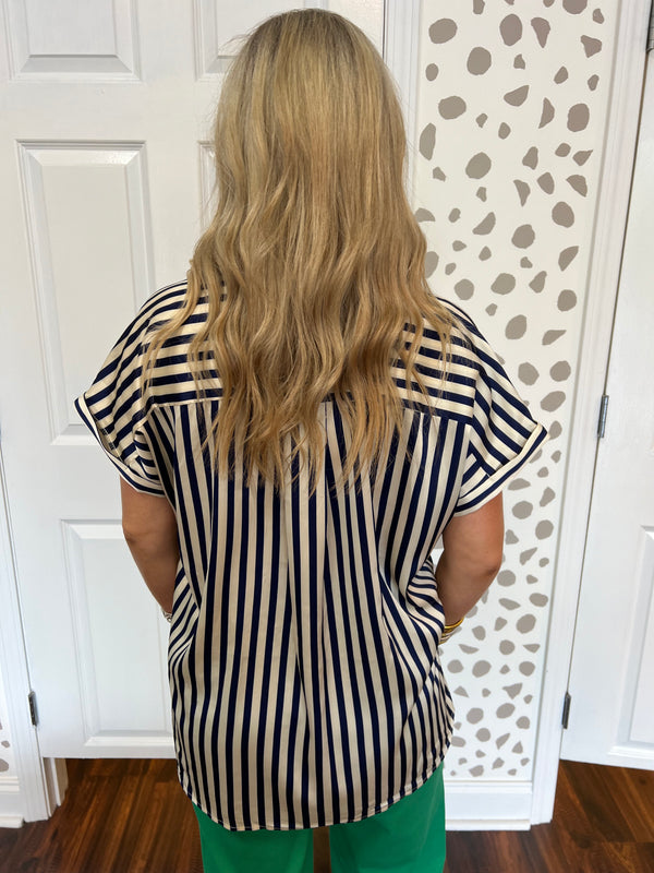 Silk Stripe Top-NAVY