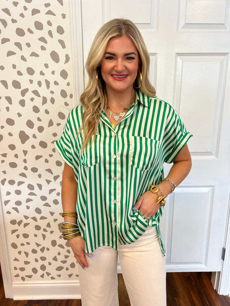 Silk Stripe Top-GREEN