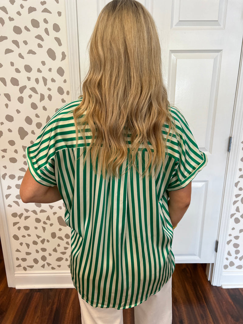 Silk Stripe Top-GREEN