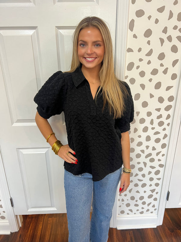Black Textured Short Sleeve Top