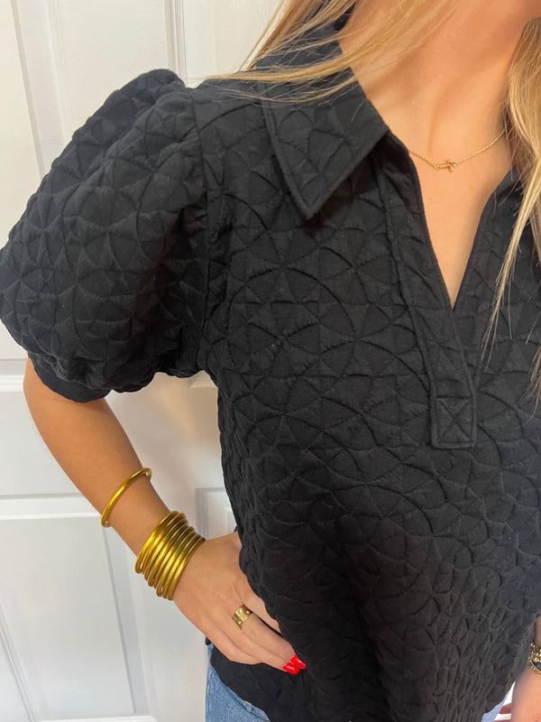 Black Textured Short Sleeve Top
