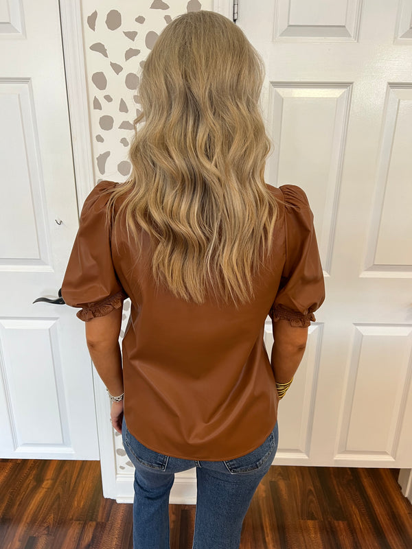 Leather Puff Sleeve Button Down Top